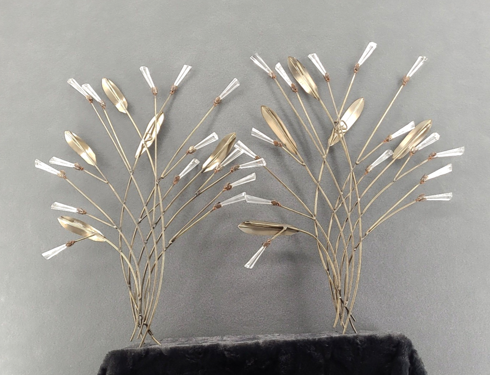 Vintage MCM Gilded Brass Wire Spray Wall Sculpture Lucite Acrylic Prisms Decor